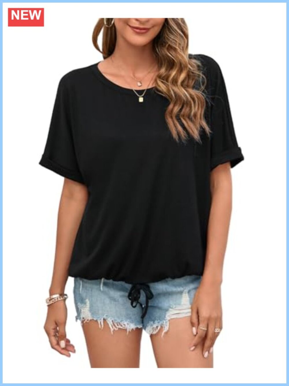 Women's Cotton Blend Rolled Short Sleeve Tee with Adjustable Drawstring